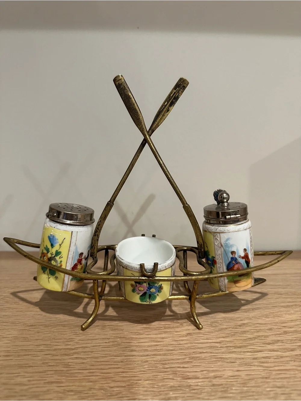 Antique Porcelain Salt & Pepper Set with Brass Holder
